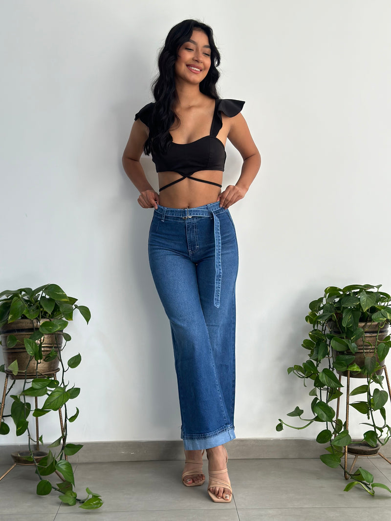 Pantalón Palazo con Doblez  - Acero