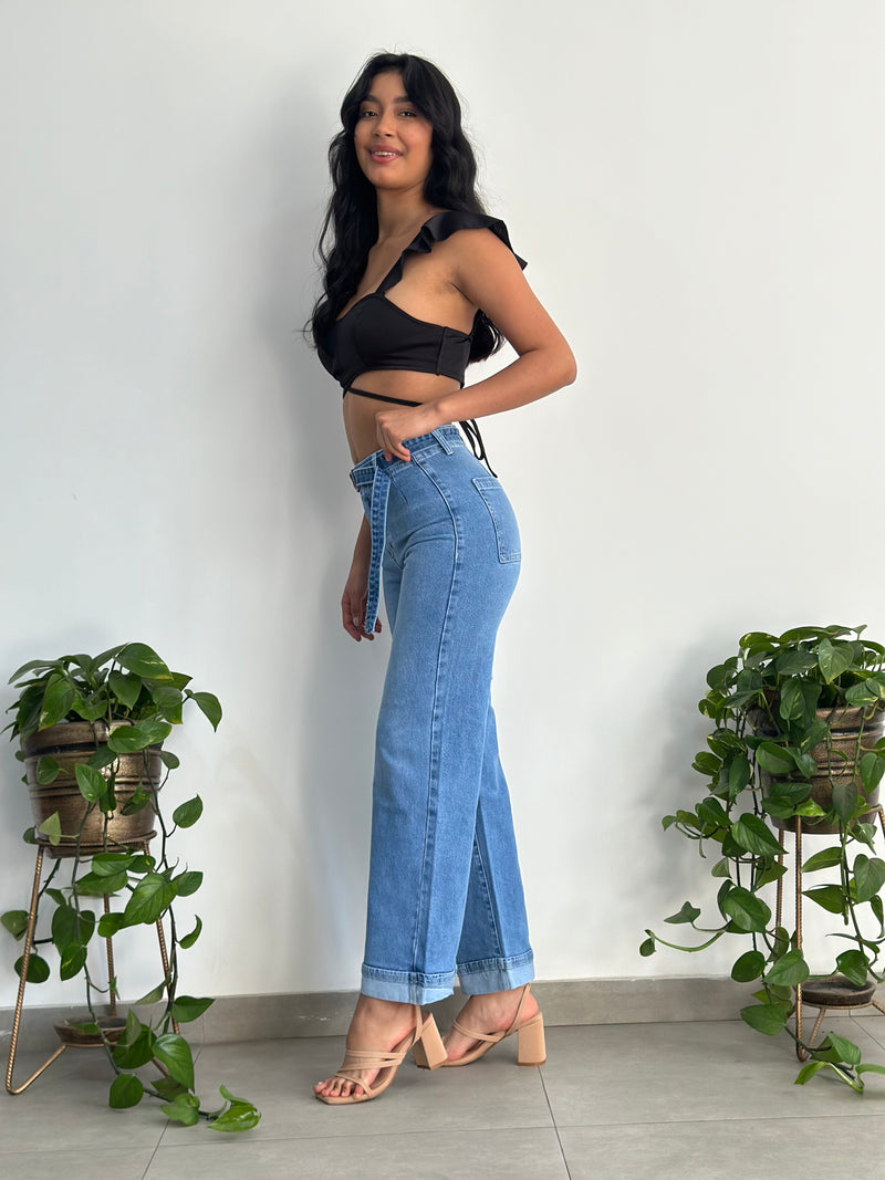 Pantalón Palazo con Doblez  - Celeste