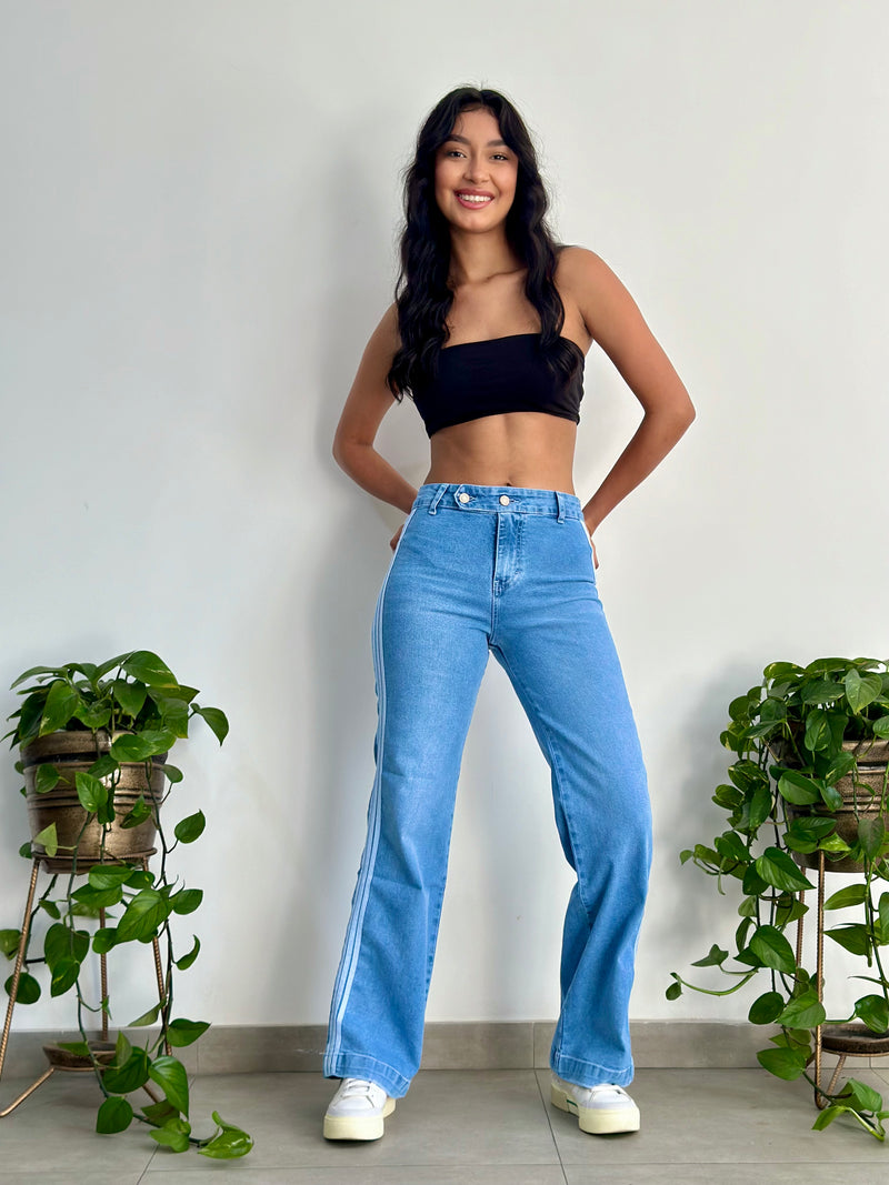 Pantalón Wide Líneas - Celeste