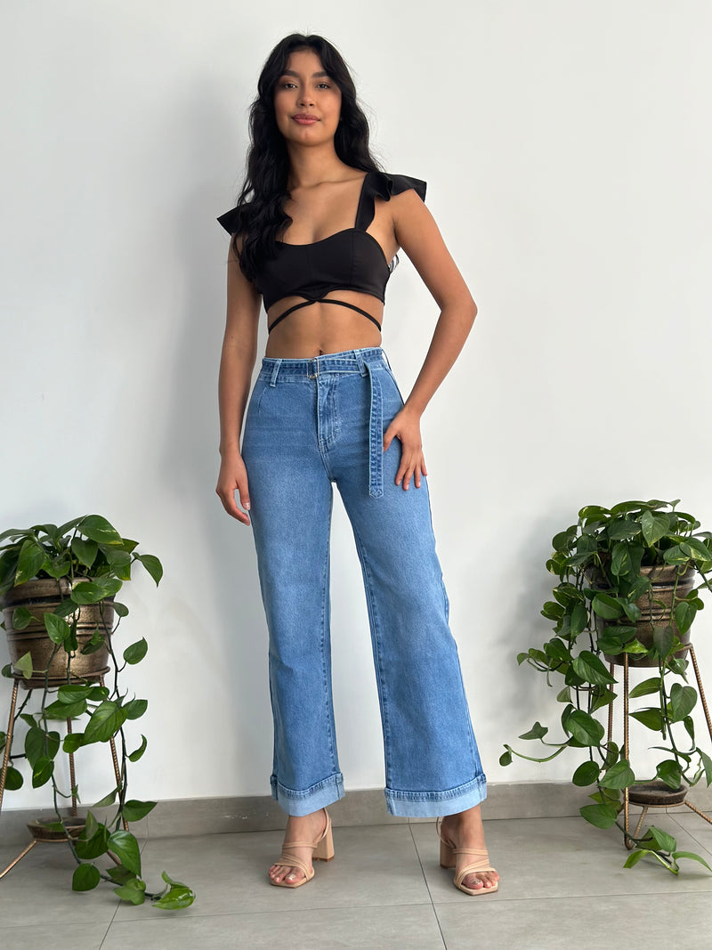 Pantalón Palazo con Doblez  - Celeste